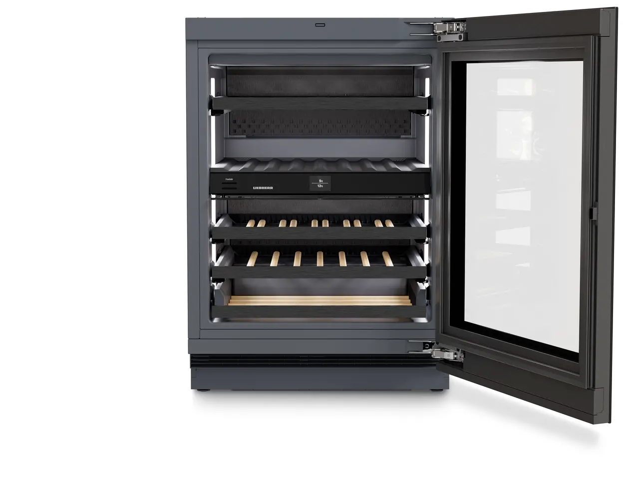 Изображение на продукта, Перспектива: Отпред, отворен, празен, Хладилник за вино, подходящ за монтаж под плота, за темпериране на вино, Цвят на корпуса: Антрацит