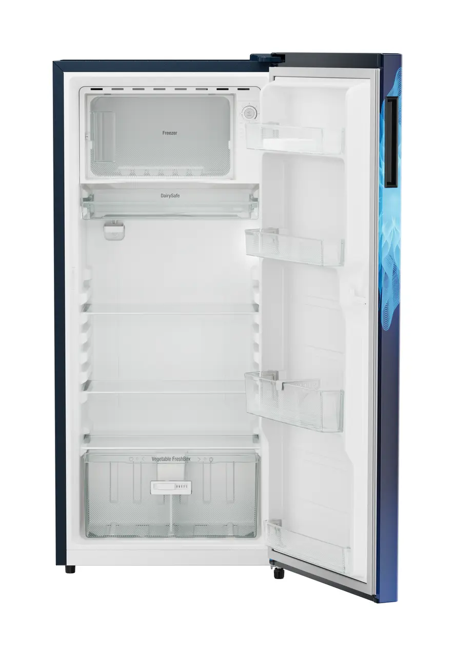 Product image, Perspective: straight open empty, Single-door refrigerator 202 l in 5 star with inverter compressor, Casing colour: blue, Door colour: Blue Mystiq