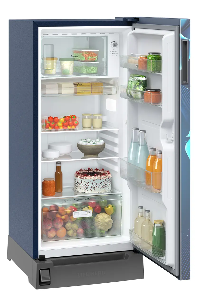 Product image, Perspective: oblique open decorated, Single-door fridge 191 l in 2 star with foot pedal base drawer, Casing colour: blue, Door colour: Blue Divine