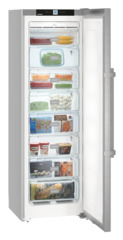 Product image, Perspective: oblique open decorated, Freestanding freezer with NoFrost, Casing colour: silver, Door colour: stainless steel
