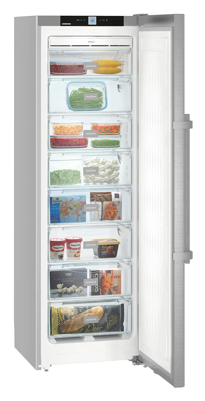 Product image, Perspective: oblique open decorated, Freestanding freezer with NoFrost, Casing colour: silver, Door colour: stainless steel
