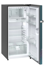 Product image, Perspective: oblique open empty, Single-door fridge 191 l in 4 star with inverter compressor, Casing colour: grey, Door colour: Teal Strings