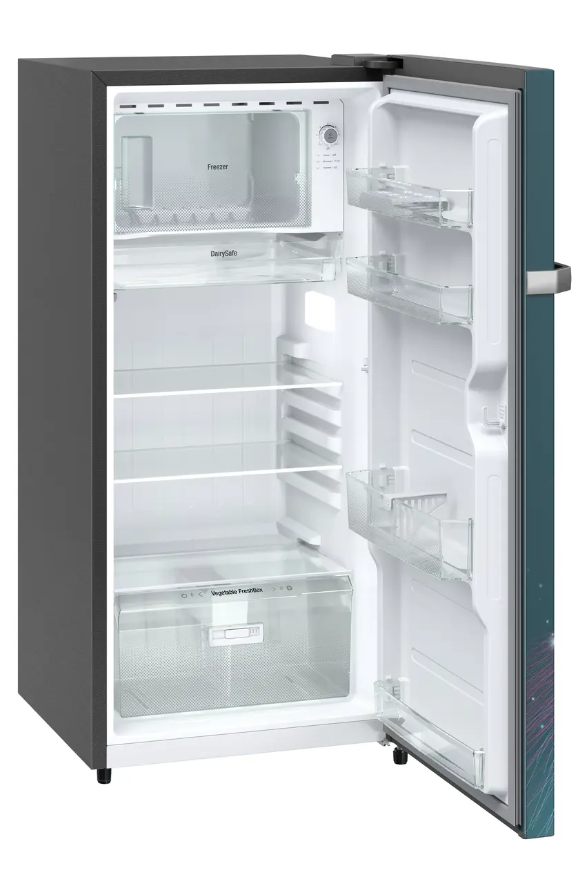 Product image, Perspective: oblique open empty, Single-door fridge 191 l in 4 star with inverter compressor, Casing colour: grey, Door colour: Teal Strings