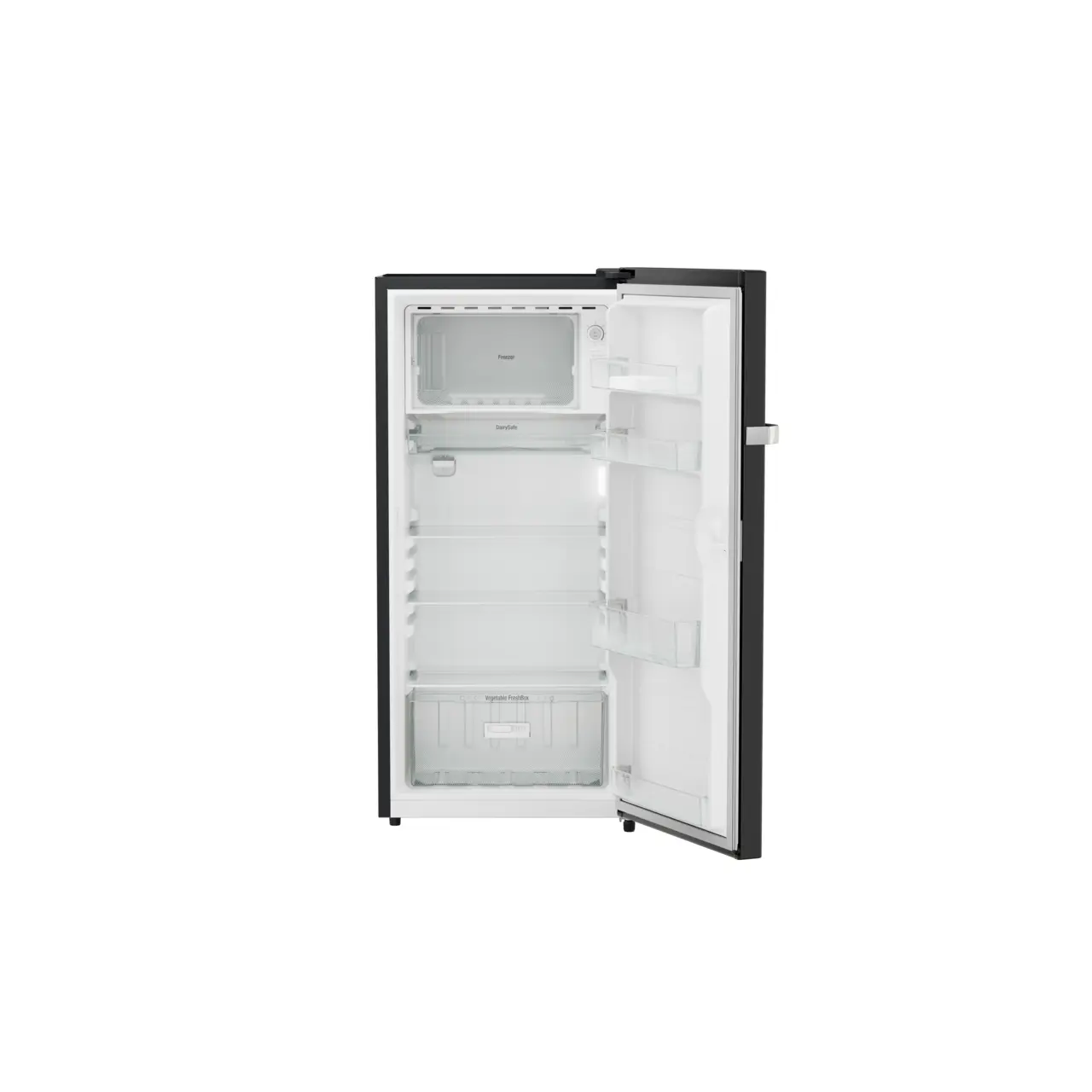 Product image, Perspective: straight open empty, Single-door refrigerator 191 l in 5 star with inverter compressor, Casing colour: grey, Door colour: Black Gloss