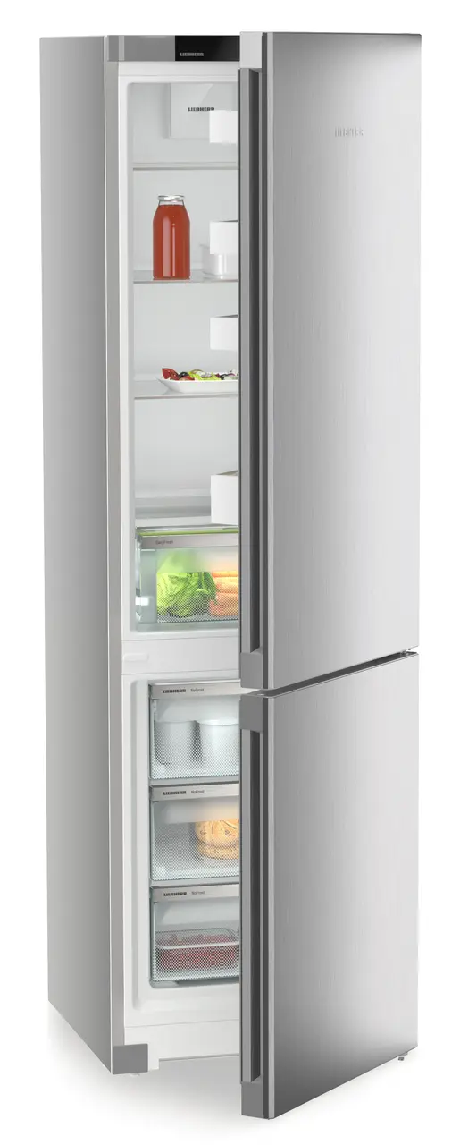 Product image, Perspective: oblique half-open decorated, Combined fridge-freezers with EasyFresh and NoFrost, Casing colour: silver, Door colour: Steelfinish