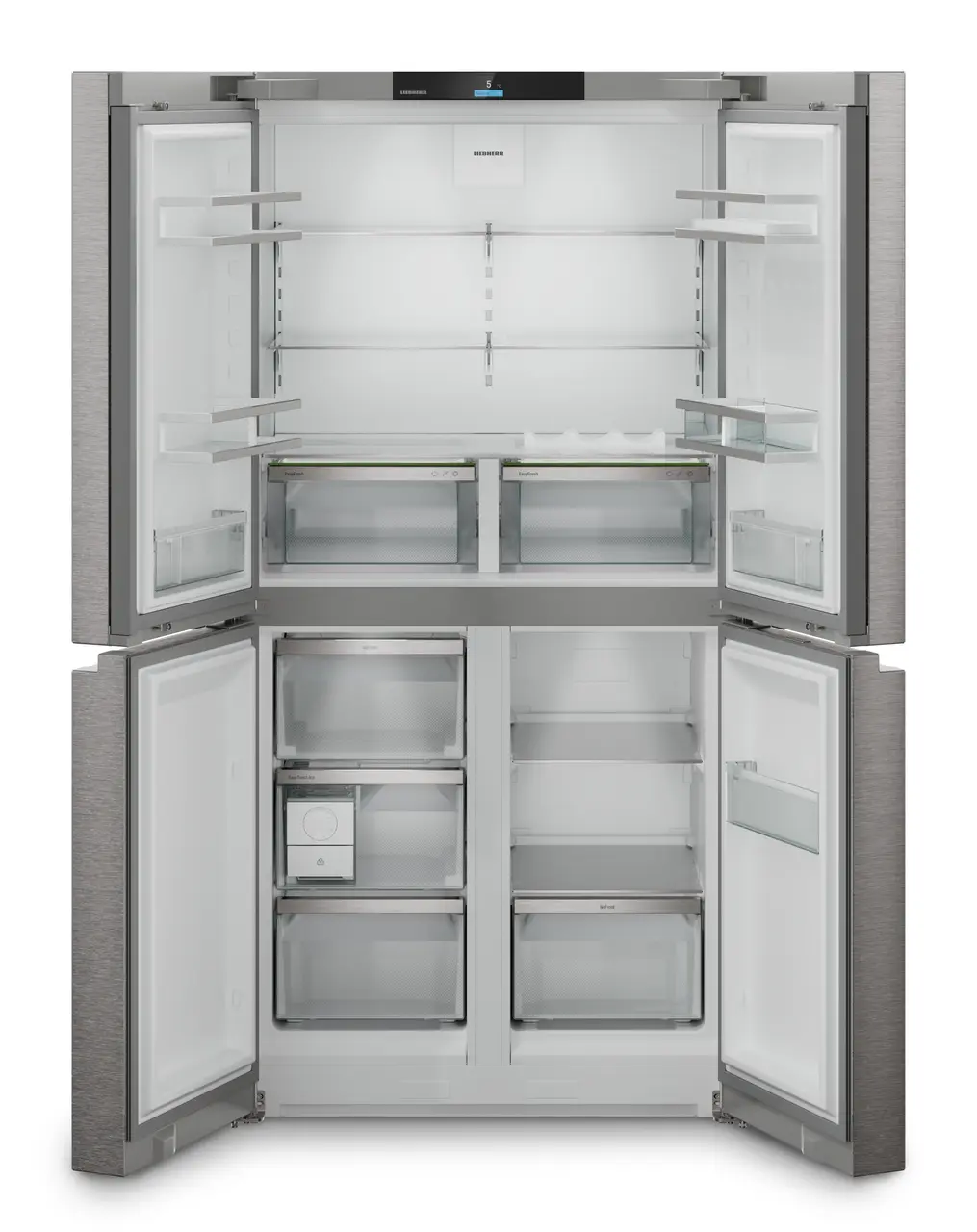 Product image, Perspective: straight open empty, 4-door French Door fridge-freezer with EasyTwist-Ice, Casing colour: silver, Door colour: stainless steel