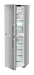 Product image, Perspective: oblique half-open empty, Combination with NoFrost freezer compartment and full-space BioFresh, Casing colour: silver, Door colour: stainless steel