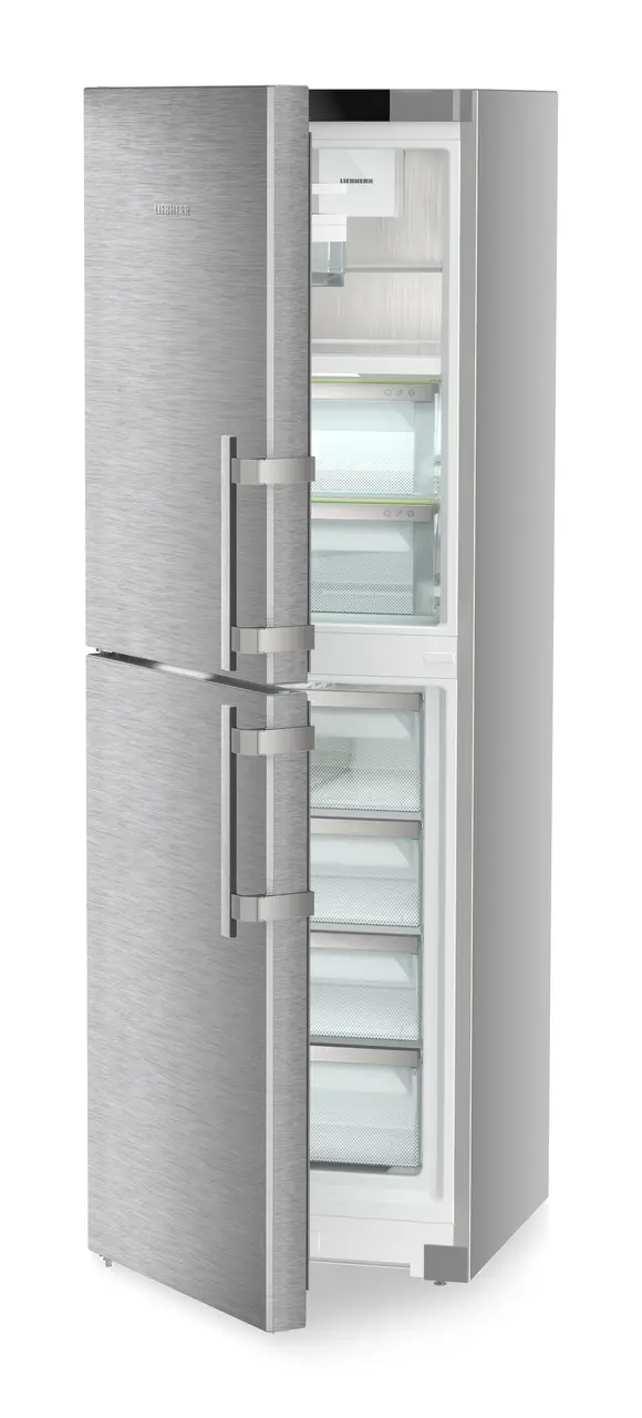 Product image, Perspective: oblique half-open empty, Combination with NoFrost freezer compartment and full-space BioFresh, Casing colour: silver, Door colour: stainless steel