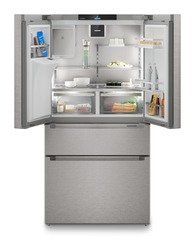 Image de produit, Perspective: Droit ouvert décoré, Réfrigérateur-congélateur FrenchDoor avec 2 tiroirs de congélation et distributeur d'eau et glaçons, Couleur de porte: acier inox