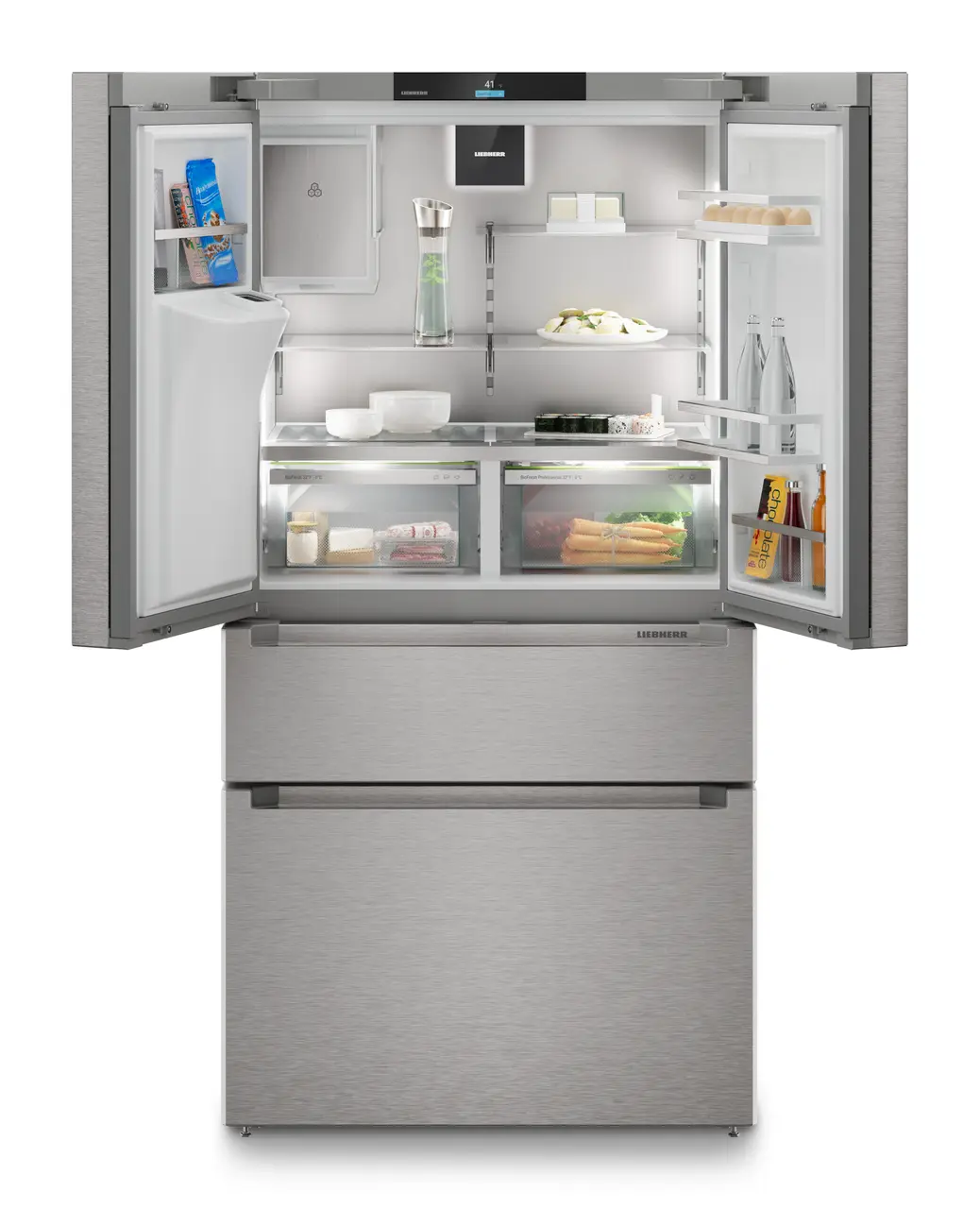 Image de produit, Perspective: Droit ouvert décoré, Réfrigérateur-congélateur FrenchDoor avec 2 tiroirs de congélation et distributeur d'eau et glaçons, Couleur de porte: acier inox