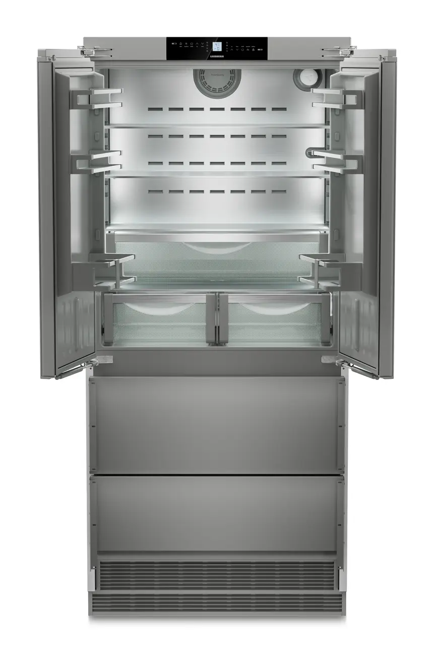 Product image, Perspective: straight open empty, Combined refrigerator-freezer with BioFresh and NoFrost for integrated use, Casing colour: Anthracite