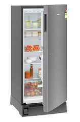 Product image, Perspective: oblique half-open decorated, Single-door refrigerator 222 l in 3 star with foot pedal base drawer, Casing colour: grey, Door colour: Silver Steel