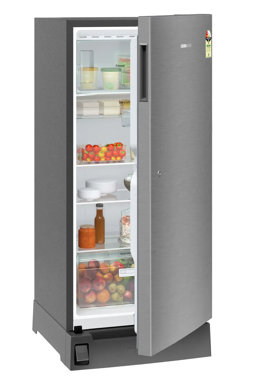 Product image, Perspective: oblique half-open decorated, Single-door refrigerator 222 l in 3 star with foot pedal base drawer, Casing colour: grey, Door colour: Silver Steel