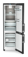 Product image, Perspective: straight open empty, Fridge-freezer with BioFresh and NoFrost, Casing colour: BlackSteel, Door colour: BlackSteel