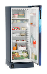 Product image, Perspective: oblique open decorated, Single-door refrigerator 222 l in 5 star with foot pedal base drawer, Casing colour: blue, Door colour: Blue Mystiq