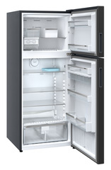 Product image, Perspective: oblique open empty, Fridge-freezer with NoFrost, Casing colour: grey, Door colour: Black Gloss