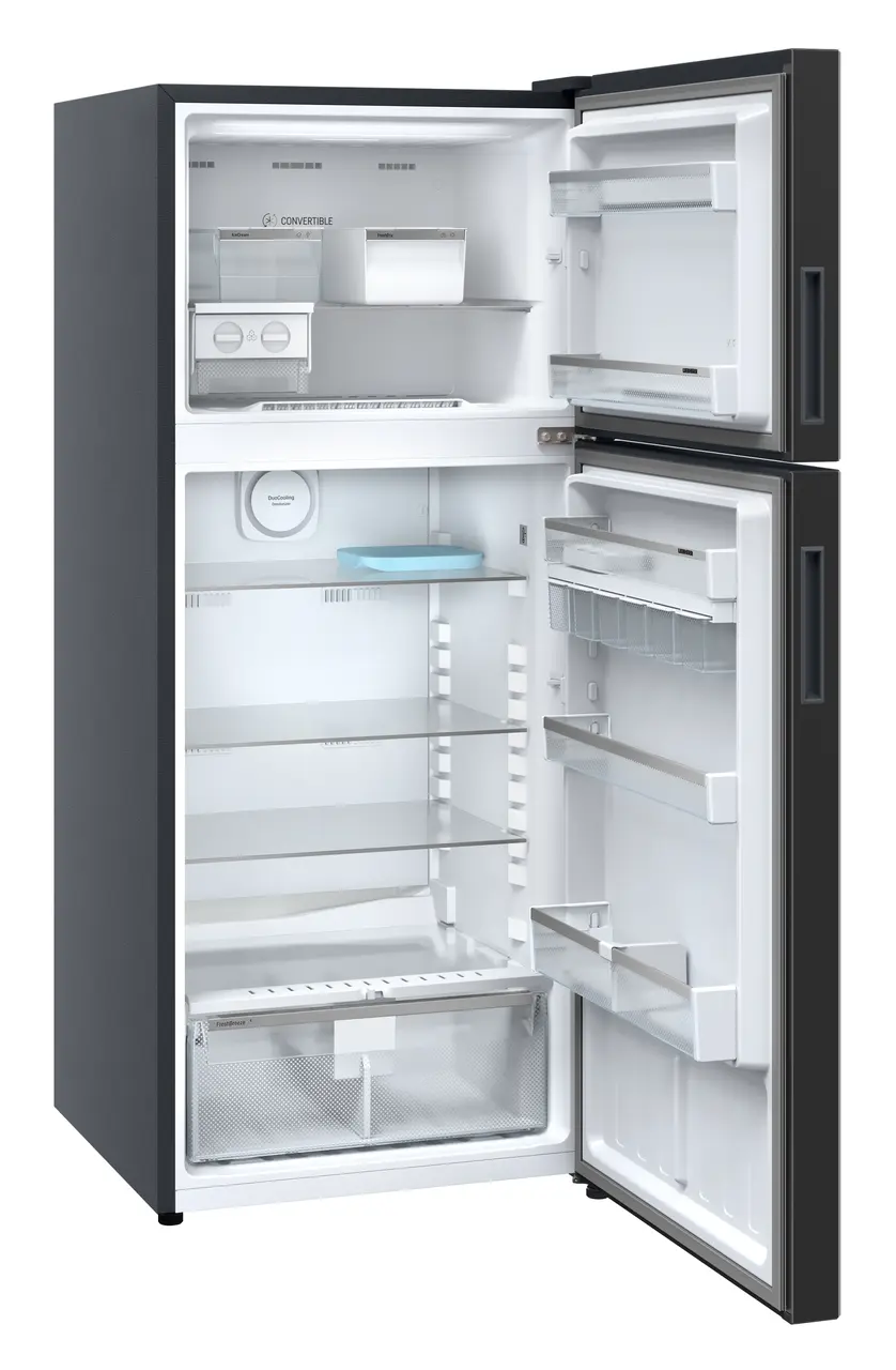 Product image, Perspective: oblique open empty, Fridge-freezer with NoFrost, Casing colour: grey, Door colour: Black Gloss