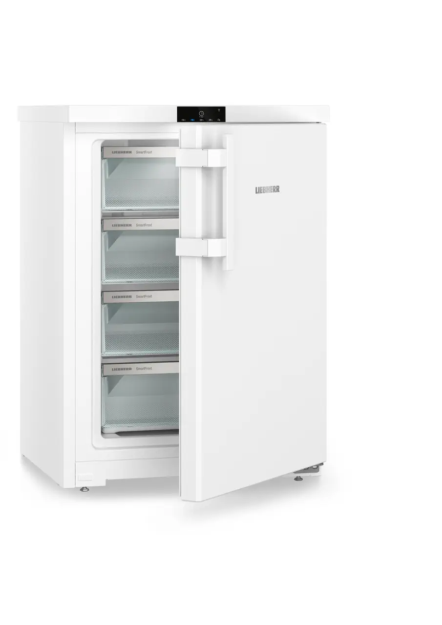 Produkt-Bild, Perspektive: schräg halb offen leer, Tischgefrierschrank mit SmartFrost, Gehäusefarbe: Weiß, Türfarbe: Weiß