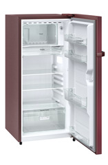 Product image, Perspective: oblique open empty, Single-door refrigerator 191 l in 2 Star and with horizontal handle, Casing colour: red, Door colour: Red Hibiskus
