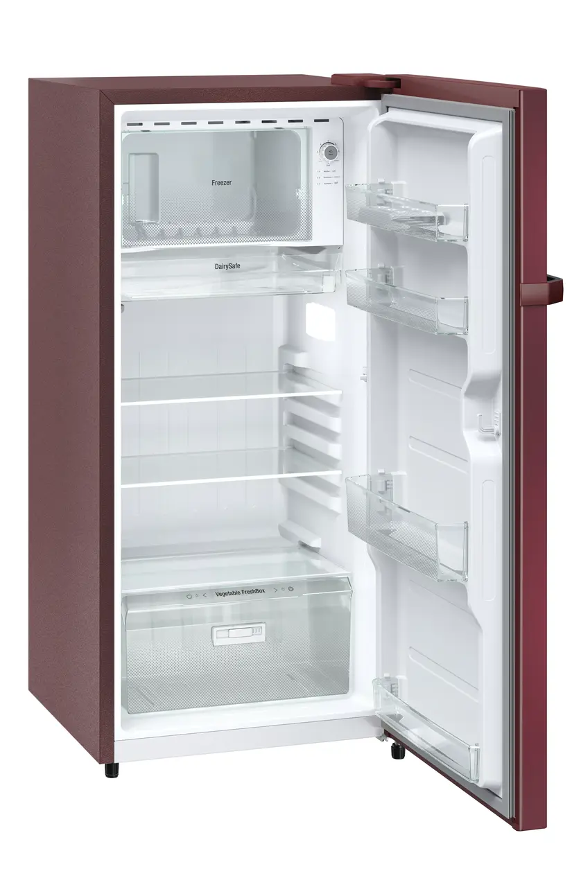 Product image, Perspective: oblique open empty, Single-door refrigerator 191 l in 2 Star and with horizontal handle, Casing colour: red, Door colour: Red Hibiskus