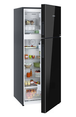 Product image, Perspective: oblique half-open decorated, Fridge-freezer with NoFrost, Casing colour: grey, Door colour: Black Gloss