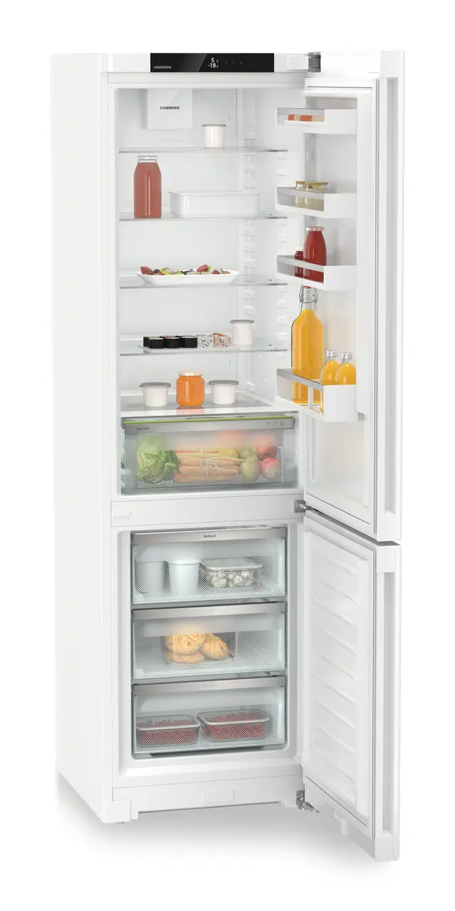 Product image, Perspective: oblique open decorated, Combined fridge-freezers with EasyFresh and NoFrost, Casing colour: white, Door colour: white