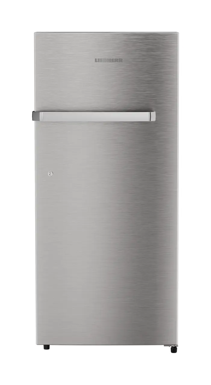 Product image, Perspective: straight closed, Single-door refrigerator 202 l in 3 star and horizontal handle, Casing colour: grey, Door colour: Stainless Steel