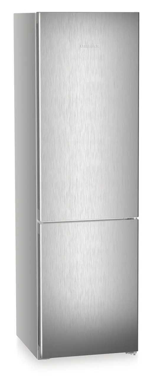 Product image, Perspective: oblique closed, Combined fridge-freezers with EasyFresh and NoFrost, Casing colour: silver, Door colour: Steelfinish