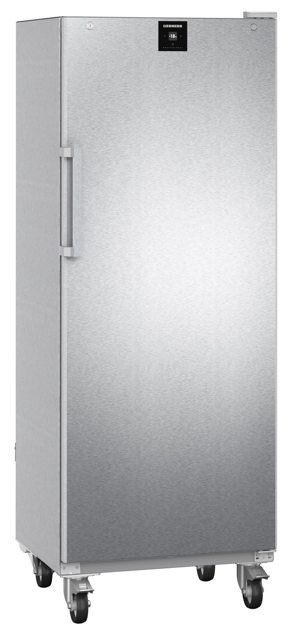 Product image, Perspective: oblique closed empty, Freestanding freezer with NoFrost, Casing colour: stainless steel, Door colour: stainless steel
