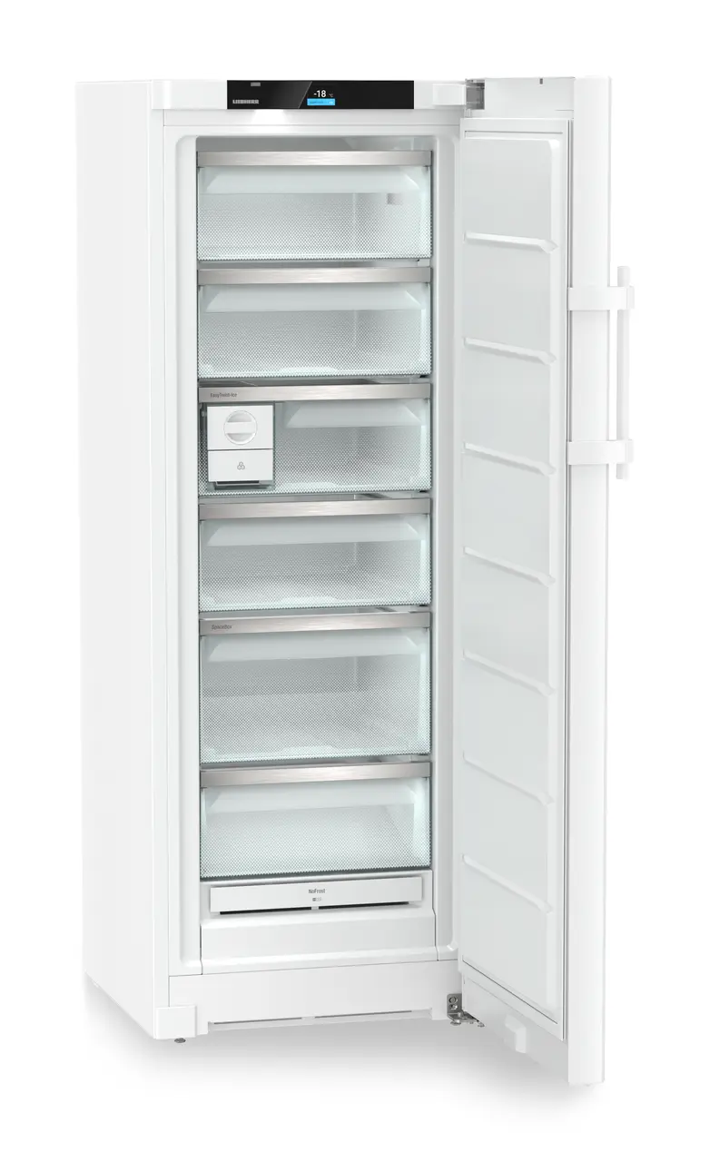 Produkt-Bild, Perspektive: schräg offen leer, Standgefrierschrank mit NoFrost und EasyTwist-Ice, Gehäusefarbe: Weiß, Türfarbe: Weiß