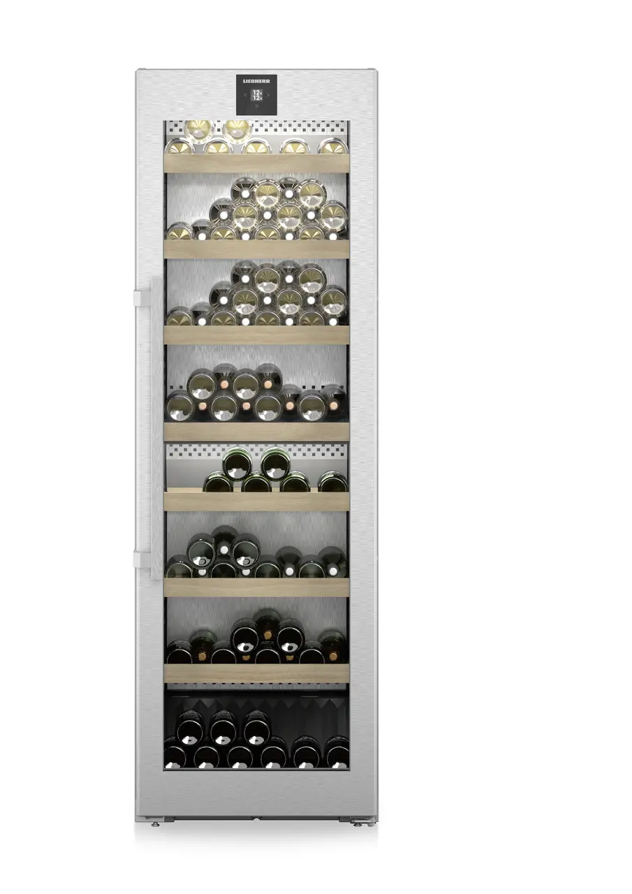 Product image, Perspective: straight closed decorated, Multi-temperature wine cabinet, Casing colour: silver, Door colour: stainless steel