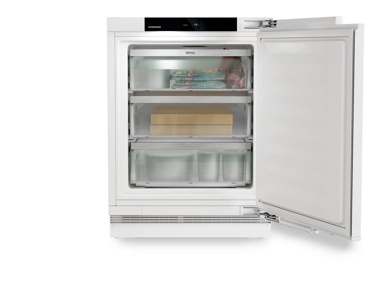 Изображение продукции, Перспектива: Прямо, с открытой дверцей, с продуктами, Морозильник подходит для установки под столешницей с технологией NoFrost.