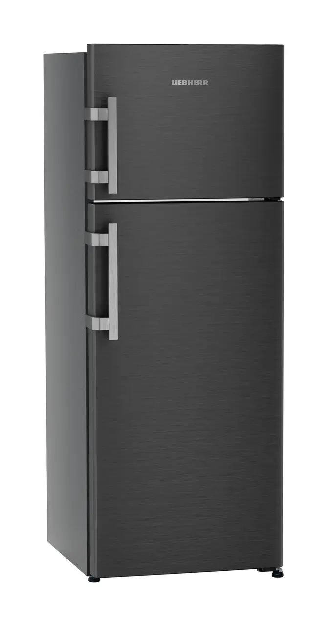 Product image, Perspective: oblique closed, Fridge-freezer with NoFrost, Casing colour: grey, Door colour: BlackSteel
