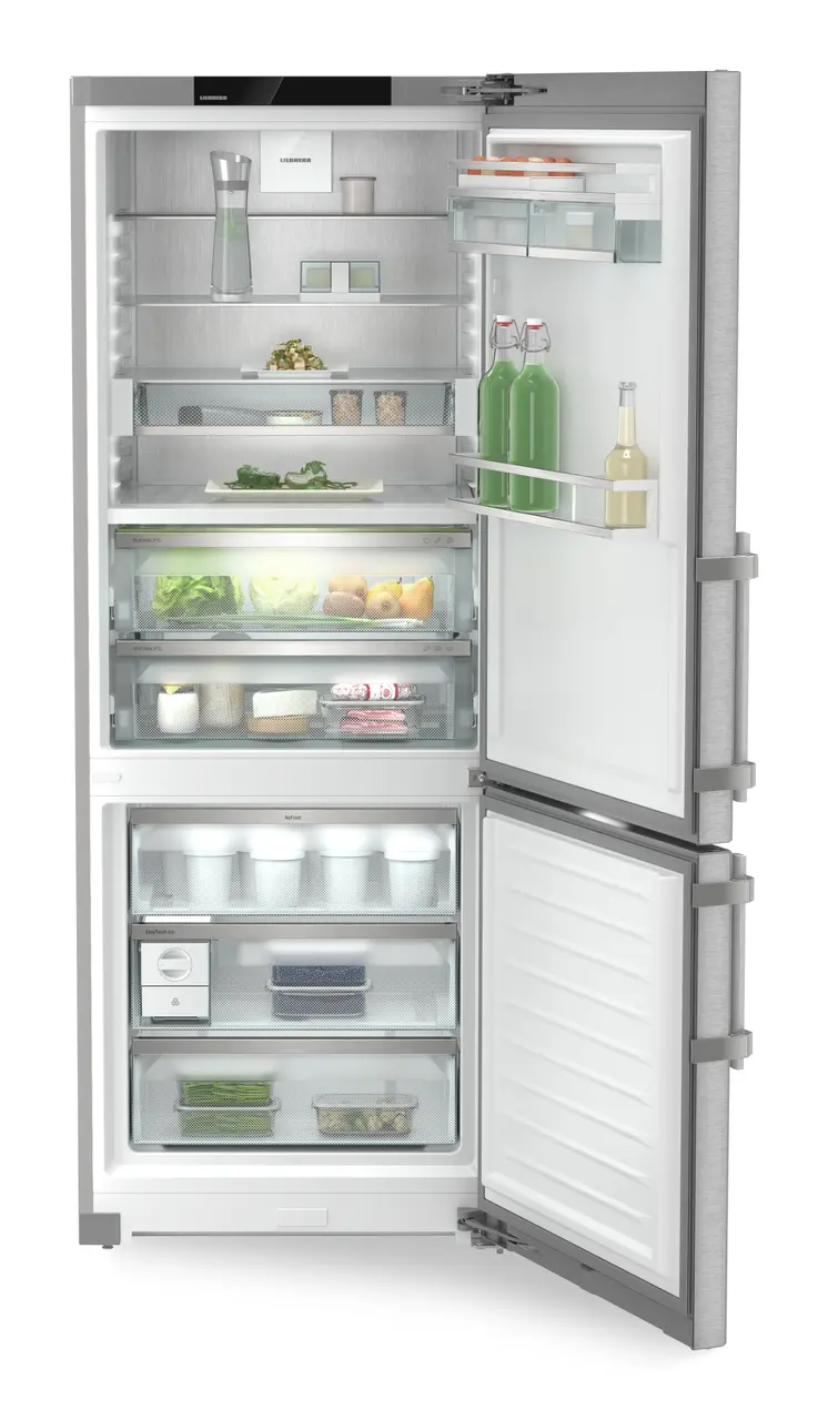 Product image, Perspective: straight open decorated, Fridge-freezer with BioFresh and NoFrost, Casing colour: silver, Door colour: stainless steel