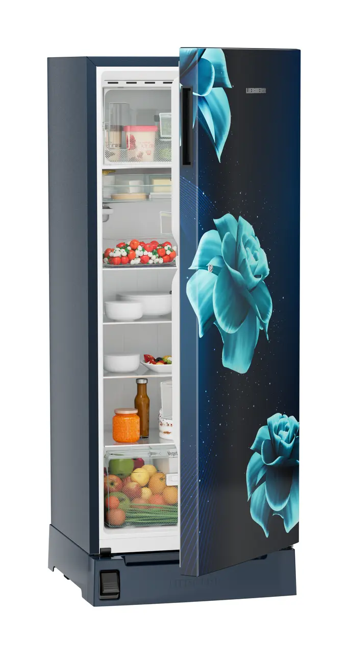 Product image, Perspective: oblique half-open decorated, Single-door refrigerator 222 l in 3 star with foot pedal base drawer, Casing colour: blue, Door colour: Blue Divine