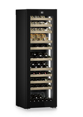 Product image, Perspective: oblique closed decorated, Multi-temperature wine cabinet, Casing colour: BlackSteel, Door colour: GlassBlack