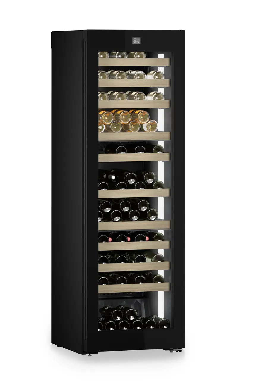 Product image, Perspective: oblique closed decorated, Multi-temperature wine cabinet, Casing colour: BlackSteel, Door colour: GlassBlack