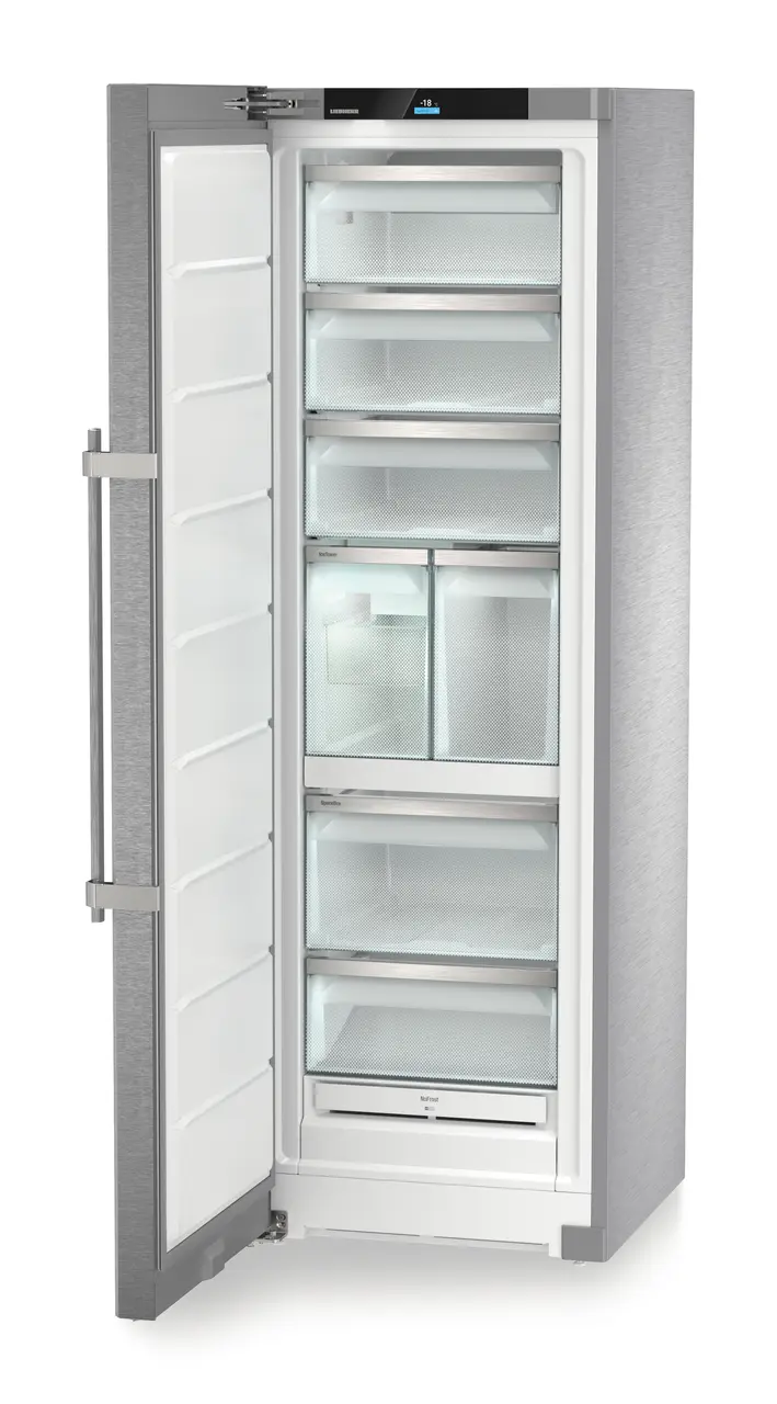 Obrázok produktu, Perspektíva: Šikmo, spotrebič otvorený, prázdny, Voľne stojaca mraznička s NoFrost a IceTower, Farba steny: Ušľachtilá oceľ, Farba dverí: Ušľachtilá oceľ