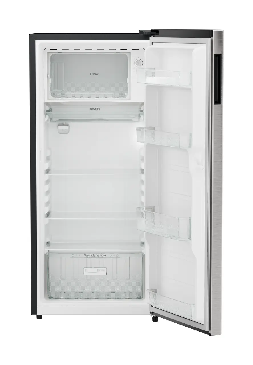 Product image, Perspective: straight open empty, Single-door refrigerator 202 l in 3 star with VegFresh box, Casing colour: grey, Door colour: Stainless Steel
