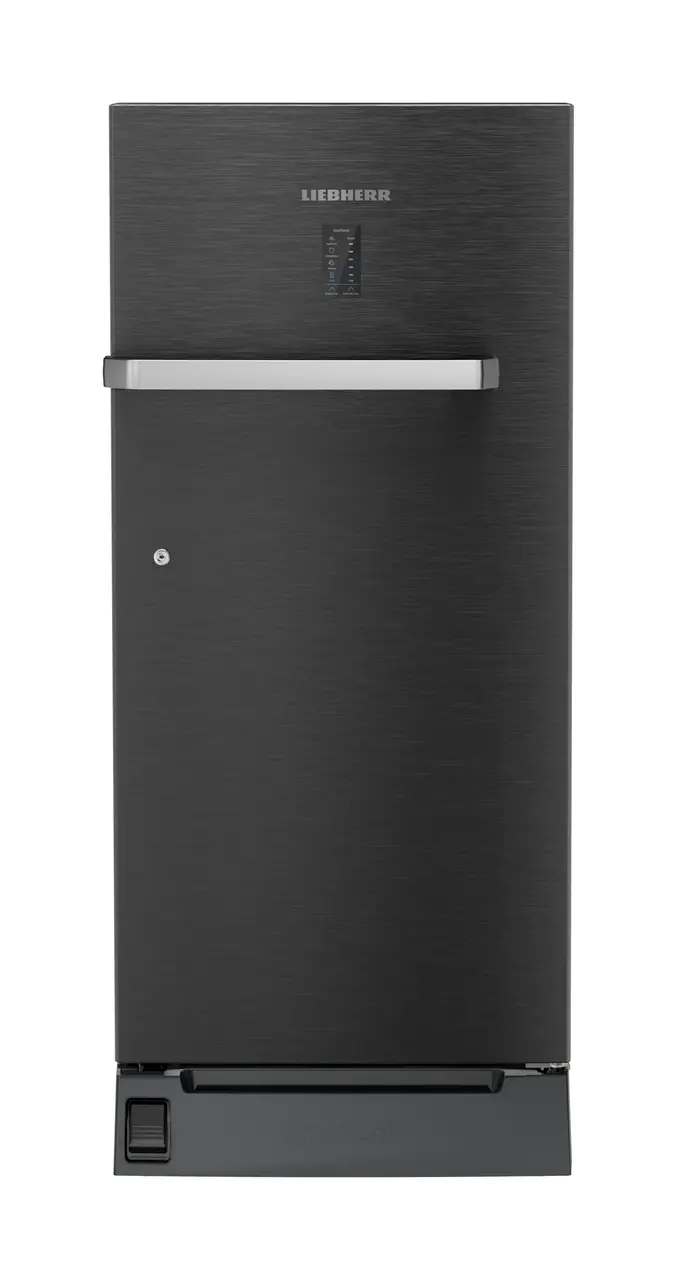 Product image, Perspective: straight closed, Single-door refrigerator 191 l with foot pedal base drawer and iCoolTouch UI, Casing colour: grey, Door colour: BlackSteel