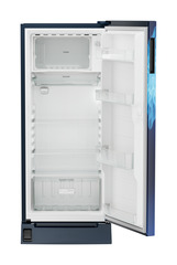 Product image, Perspective: straight open empty, Single-door fridge 186 l in 3 star with foot pedal base drawer, Casing colour: blue, Door colour: Blue Mystiq