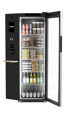 Produkt-Bild, Perspektive: gerade offen dekoriert, Kühlgerät mit Umluftkühlung, Gehäusefarbe: Schwarz, Türfarbe: Schwarz