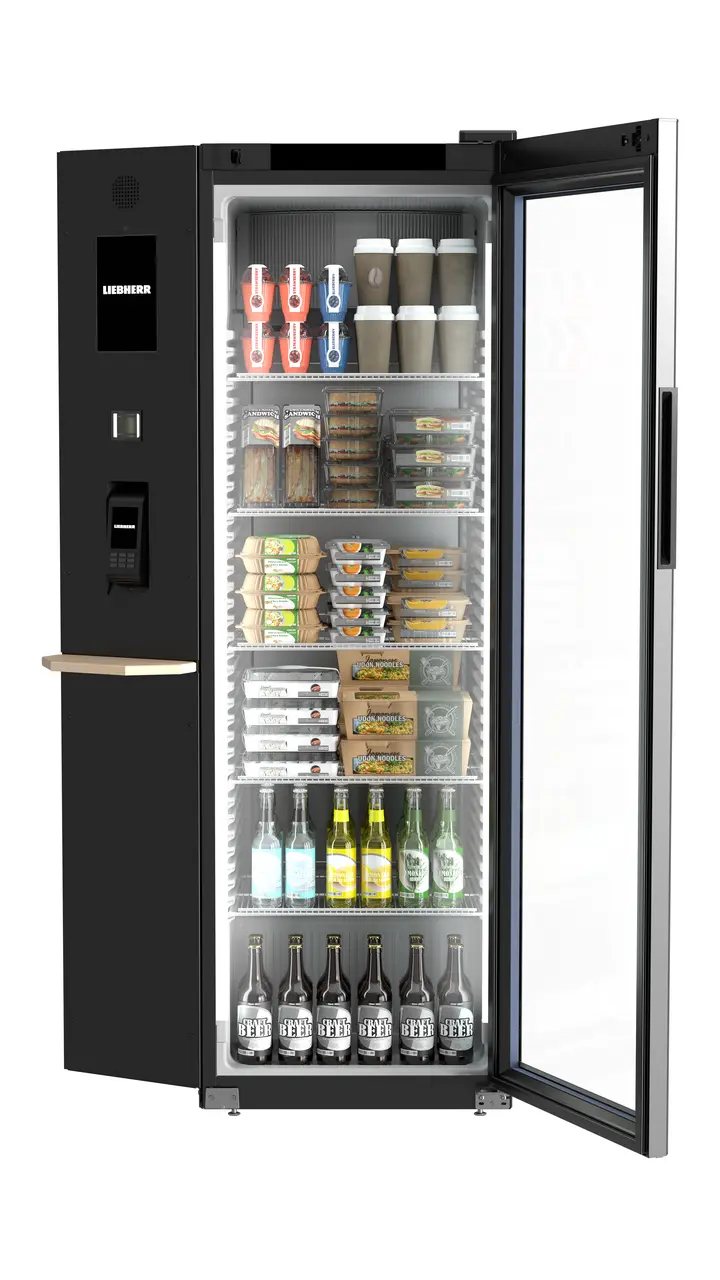 Produkt-Bild, Perspektive: gerade offen dekoriert, Kühlgerät mit Umluftkühlung, Gehäusefarbe: Schwarz, Türfarbe: Schwarz