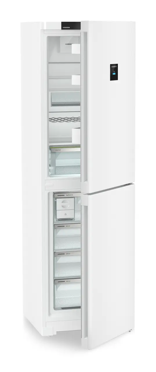 Produktbillede, Perspektiv: Skrå halvåben tom, Køle-frysekombination med EasyFresh og NoFrost, Kabinetfarve: Hvid, Dørfarve: Hvid