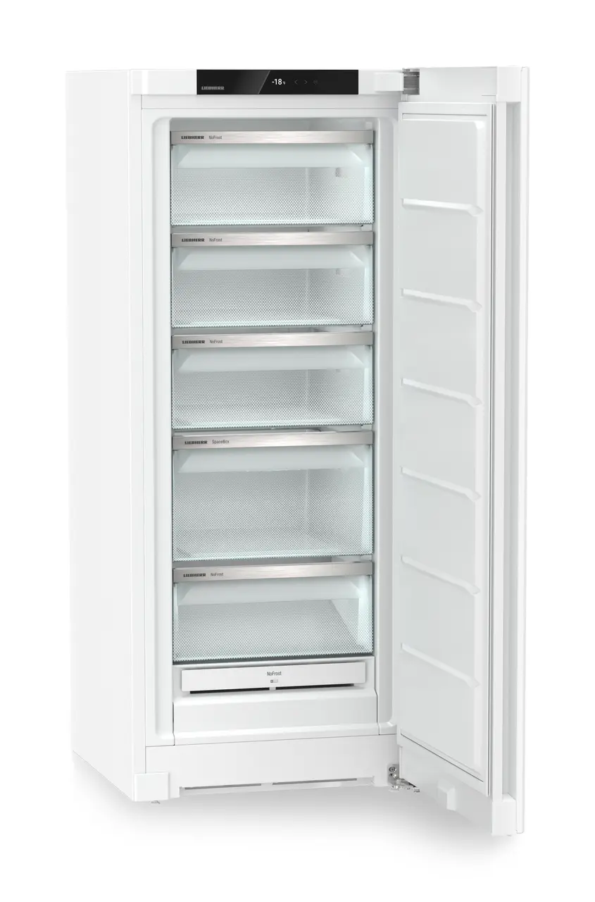 Produkt-Bild, Perspektive: schräg offen leer, Standgefrierschrank mit NoFrost, Gehäusefarbe: Weiß, Türfarbe: Weiß