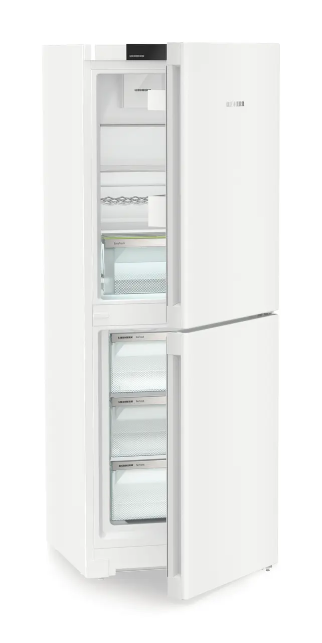 Product image, Perspective: oblique half-open empty, Combined fridge-freezers with EasyFresh and NoFrost, Casing colour: white, Door colour: white