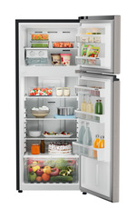 Product image, Perspective: straight open decorated, Fridge-freezer with NoFrost, Casing colour: grey, Door colour: Grey Steel