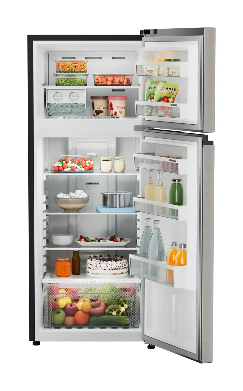 Product image, Perspective: straight open decorated, Fridge-freezer with NoFrost, Casing colour: grey, Door colour: Grey Steel