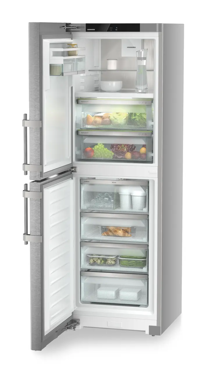 Product image, Perspective: oblique open decorated, Fridge-freezer with BioFresh and NoFrost, Casing colour: silver, Door colour: stainless steel