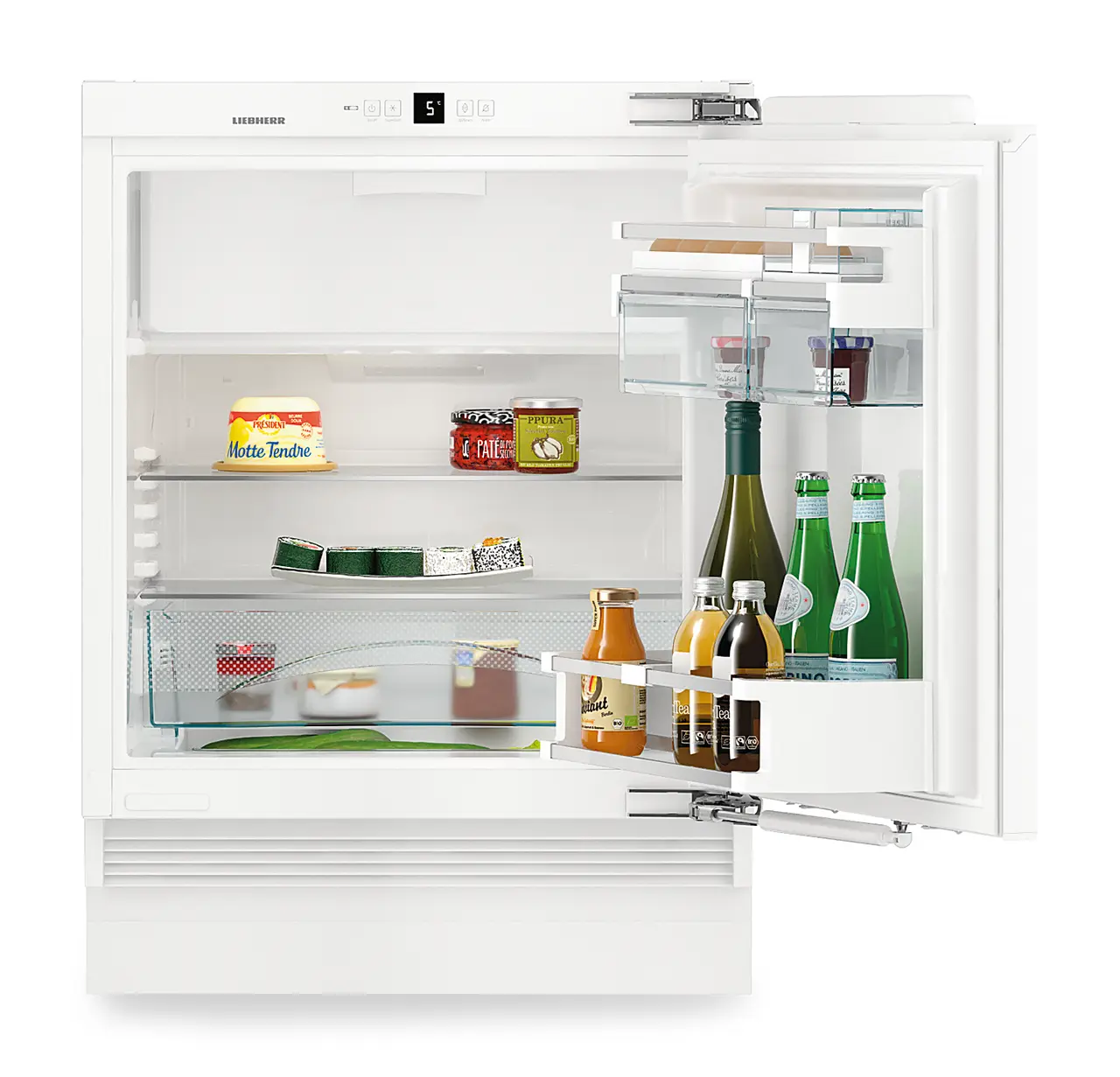 Изображение продукции, Перспектива: Прямо, с открытой дверцей, с продуктами, Встраиваемый под столешницу холодильник